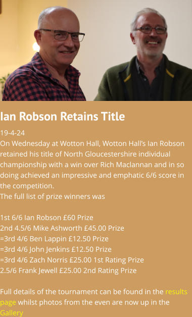 Ian Robson Retains Title  19-4-24On Wednesday at Wotton Hall, Wotton Hall’s Ian Robson retained his title of North Gloucestershire individual championship with a win over Rich Maclannan and in so doing achieved an impressive and emphatic 6/6 score in the competition. The full list of prize winners was1st 6/6 Ian Robson £60 Prize2nd 4.5/6 Mike Ashworth £45.00 Prize=3rd 4/6 Ben Lappin £12.50 Prize=3rd 4/6 John Jenkins £12.50 Prize=3rd 4/6 Zach Norris £25.00 1st Rating Prize2.5/6 Frank Jewell £25.00 2nd Rating PrizeFull details of the tournament can be found in the results page whilst photos from the even are now up in the Gallery 